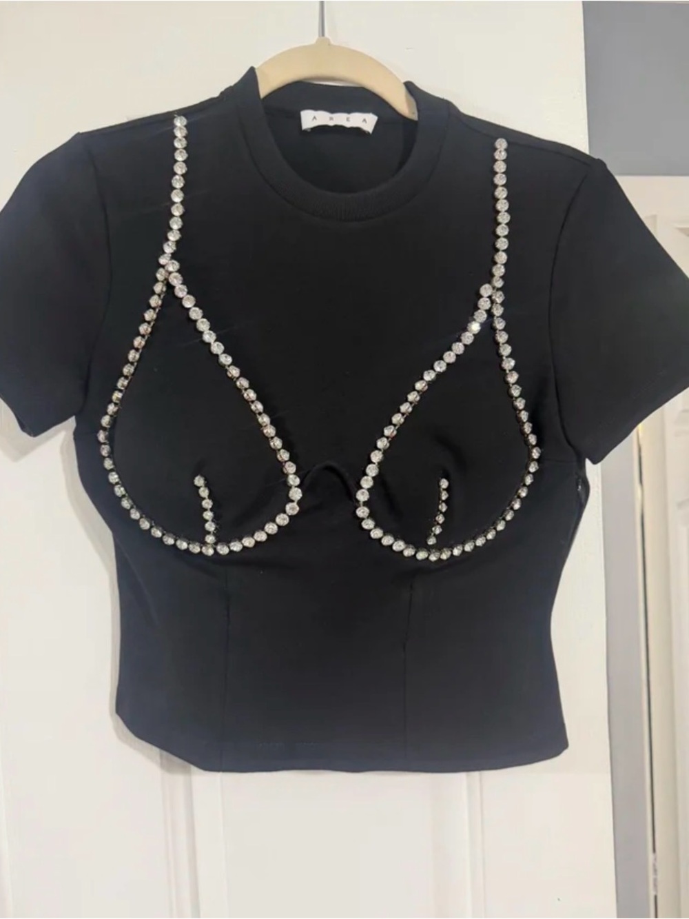 AREA Black Crystal-Embellished Crop Top
